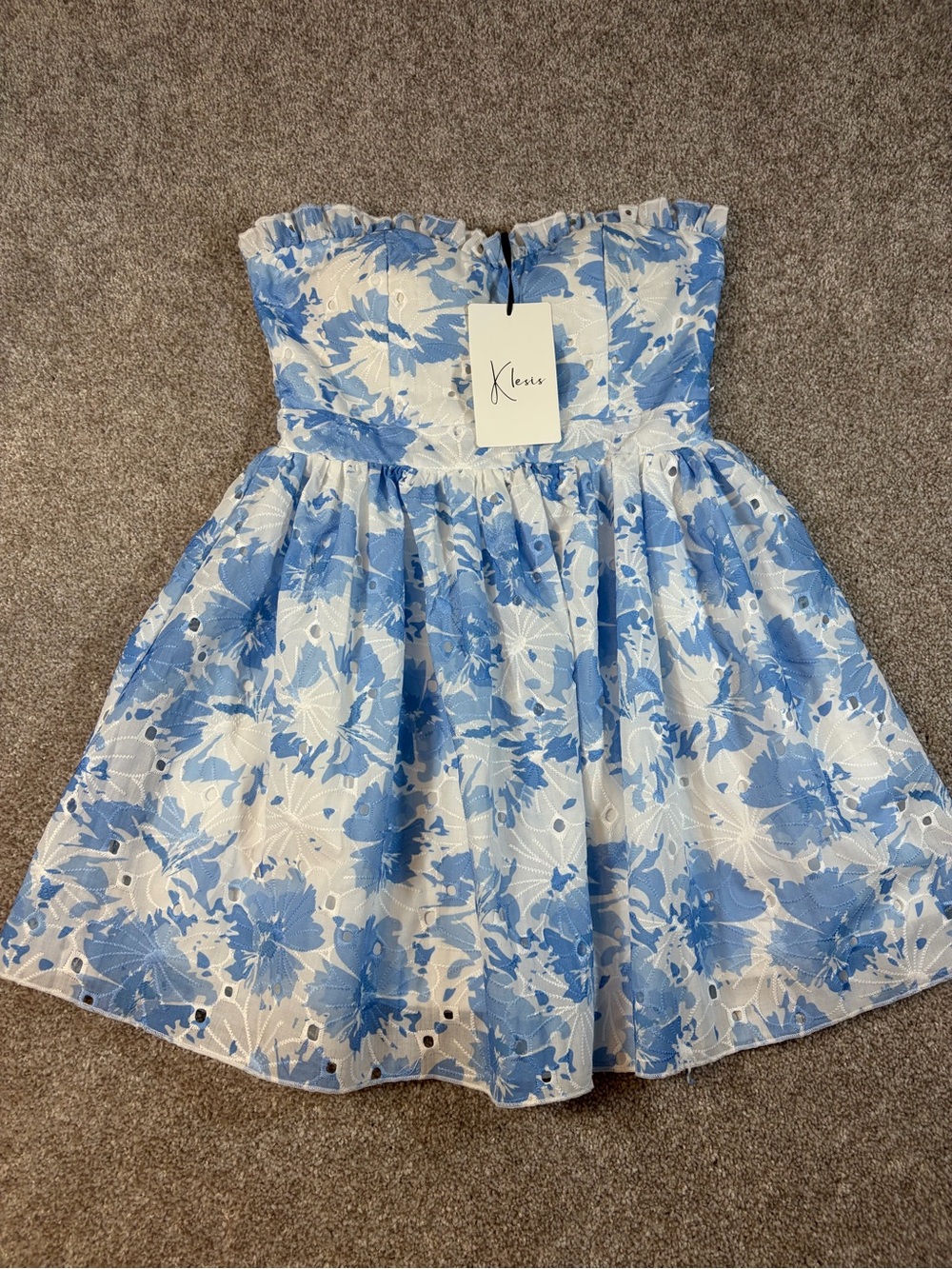 Kensie Girls White and Blue Floral Strapless Eyelet Dress